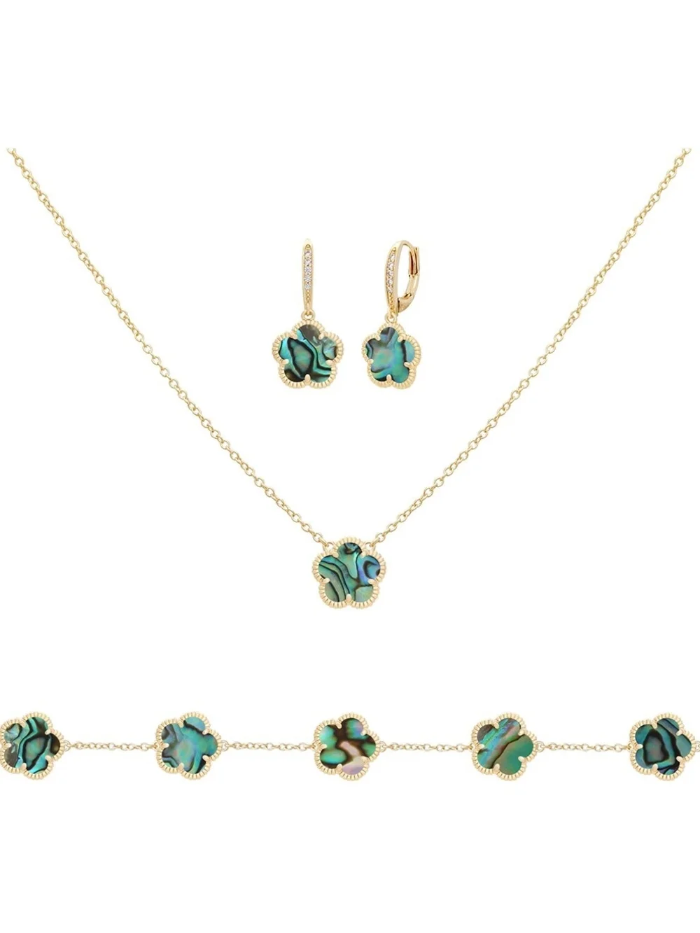Gold Plated Abalone Clover Jewelry Set - Necklace, Bracelet & Earrings